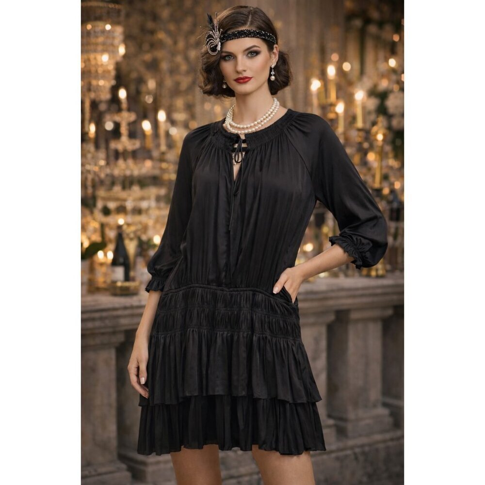 Current Air Ruby & Jenna Black Pleated Mini Dress Size L Boho Ruffle Smocked LA